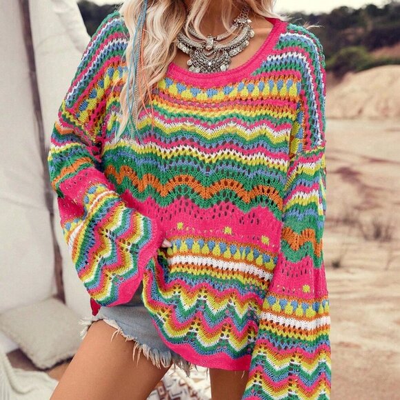 Multicolor Casual Women's Hollow Out Wave Pattern Long Sleeve Pullover Sweater - Picture 6 of 7